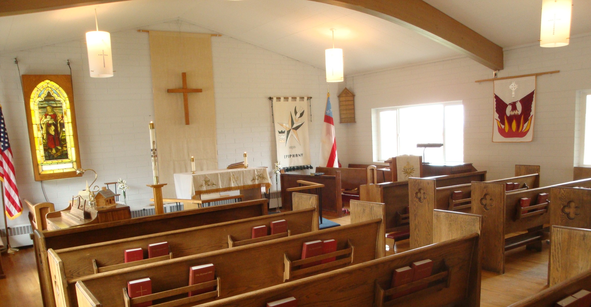 Empty church sanctuary in daylight